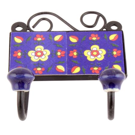 Navy Blue Floral Ceramic Tiles Hooks